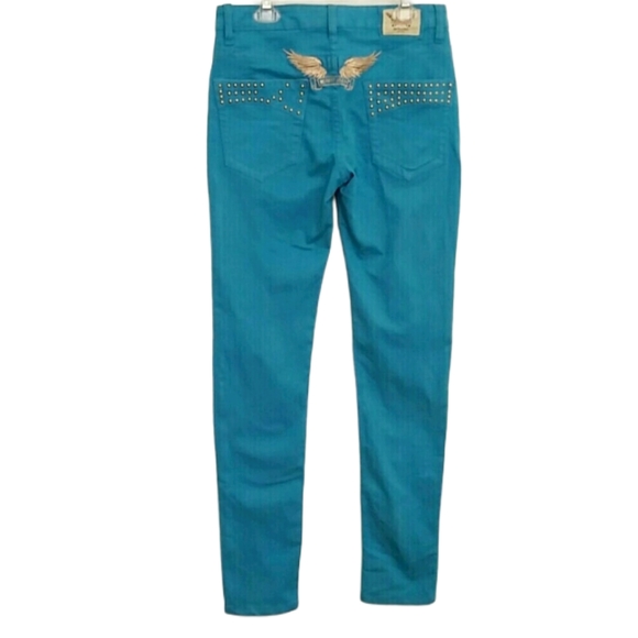 Robin's Jeans Teal Gold Studded Back Pockets Skinny Jean EUC sz 26